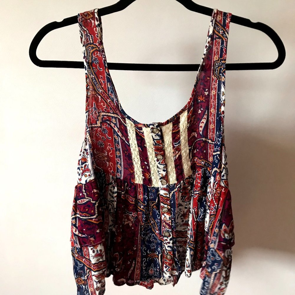 Forever 21 Red, Blue, White, Layered Peplum Lace Paisley Detailed Crop Tank